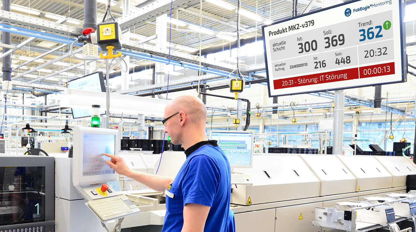 Foto Mann an Maschine mit großem Monitor mit Andon-Board über Anlage