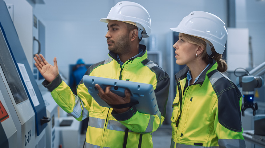 Foto von zwei Personen an Maschine mit Tablet in der Hand