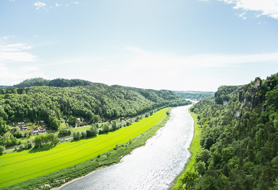 grüne Wiesen und Wälder mit einem Fluss